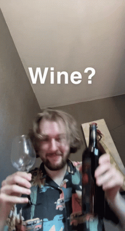 A Man Is Holding A Bottle Of Wine And A Glass Of Wine With The Word Wine Written Above Him GIF