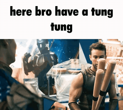A Man Is Holding A Bunch Of Baseball Bats And Says " Here Bro Have A Tung Tung " GIF