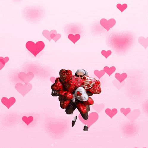 A Man Is Holding A Bunch Of Heart Shaped Balloons That Say " Happy Valentine 'S Day " GIF