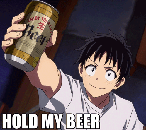 A Man Is Holding A Can Of Beer With The Words Hold My Beer Below Him GIF