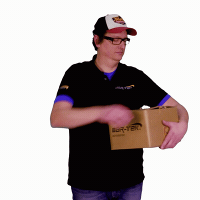 A Man Is Holding A Cardboard Box That Says Bar-Tek GIF