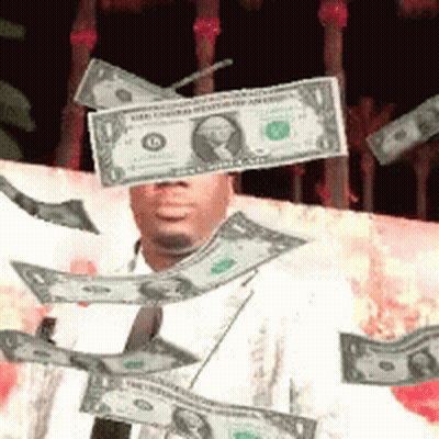 A Man Is Holding A Dollar Bill In Front Of His Head GIF