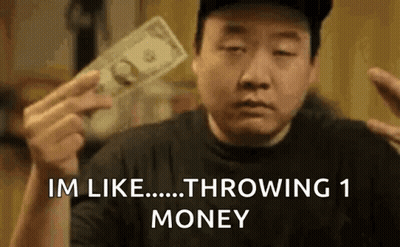 A Man Is Holding A Dollar Bill In His Hand And Says `` Im Like Throwing 1 Money '' . GIF