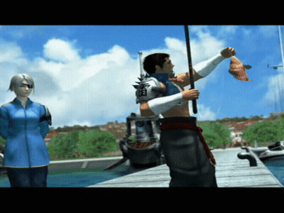 A Man Is Holding A Fishing Rod And A Fish In His Hands GIF