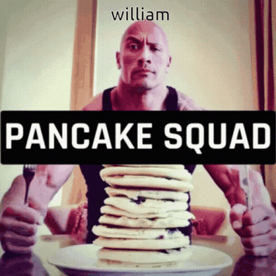 A Man Is Holding A Fork In Front Of A Plate Of Pancakes With The Words Pancake Squad Written Above Him GIF