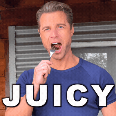 A Man Is Holding A Fork In His Mouth And The Word Juicy Is Below Him GIF