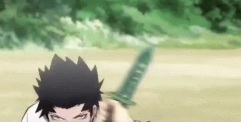 A Man Is Holding A Green Sword In His Hand In A Field . GIF