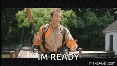 A Man Is Holding A Gun And Saying `` I 'M Ready '' While Standing On A Dock . GIF