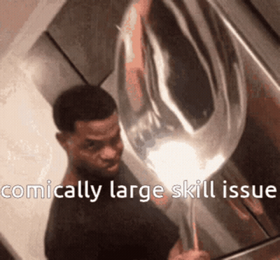 A Man Is Holding A Large Balloon With The Words " Comically Large Skill Issue " Written Below Him GIF