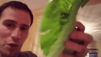 A Man Is Holding A Large Piece Of Green Lettuce In His Hands . GIF