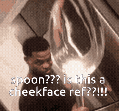 A Man Is Holding A Large Spoon And Says Spoon Is This A Cheekface Ref !!! GIF