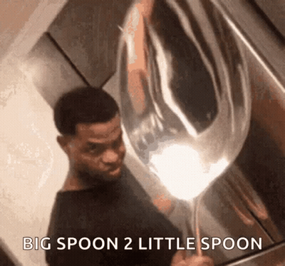 A Man Is Holding A Large Spoon With The Words Big Spoon 2 Little Spoon Below Him GIF