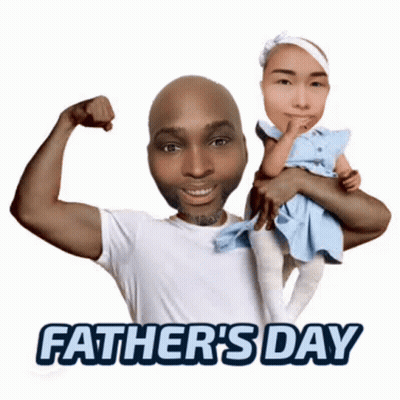 A Man Is Holding A Little Girl In His Arms And Flexing His Muscles . GIF