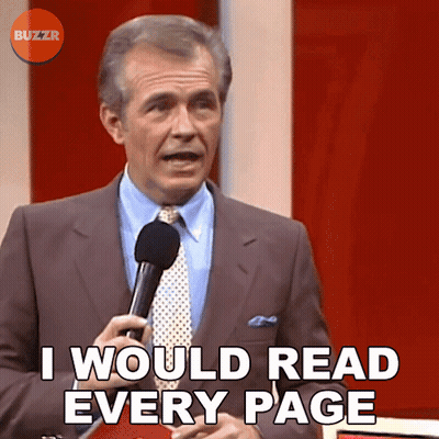 A Man Is Holding A Microphone And Saying " I Would Read Every Page " GIF