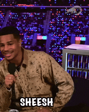 A Man Is Holding A Microphone And The Word Sheesh Is On The Screen GIF