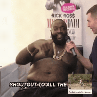 A Man Is Holding A Microphone In Front Of A Rick Ross Album In The Country Poster GIF