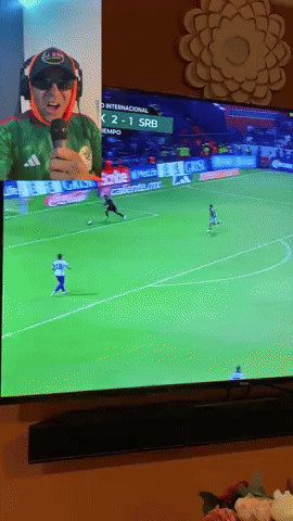 A Man Is Holding A Microphone While Watching A Soccer Game On A Tv GIF