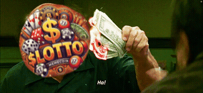 A Man Is Holding A Pile Of Money In Front Of A Balloon That Says Lotto GIF