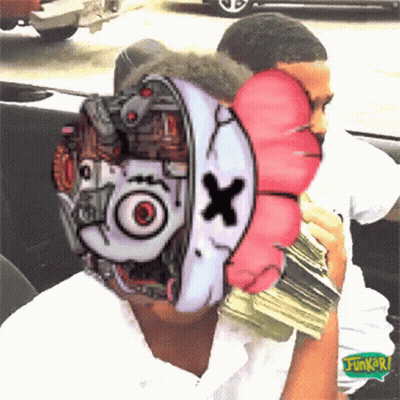 A Man Is Holding A Pile Of Money With A Cartoon Face On His Face .. GIF