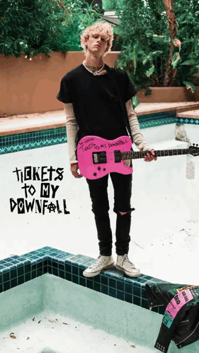 A Man Is Holding A Pink Guitar In Front Of A Pool With The Words Tickets To My Downfall On The Bottom GIF