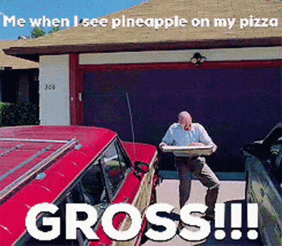A Man Is Holding A Pizza Box In Front Of A Garage Door And Says Gross !!! GIF
