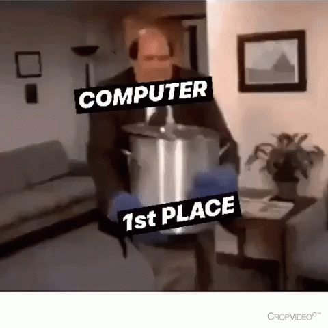 A Man Is Holding A Pot With The Words Computer 1St Place On It GIF