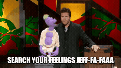 A Man Is Holding A Purple Puppet And Says Search Your Feelings Jeff-Fa-Faaa GIF