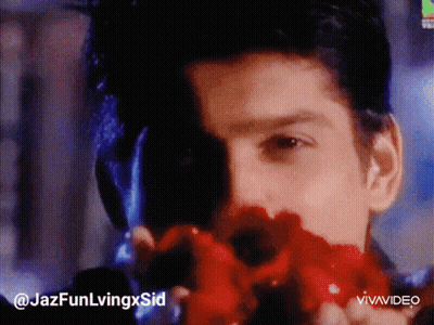 A Man Is Holding A Red Flower In Front Of His Face .. GIF