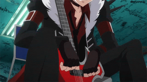 A Man Is Holding A Red Guitar In Front Of A Wall That Says " Silentponylag " GIF