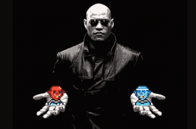 A Man Is Holding A Red Skull And A Blue Skull In His Hands With The Words This Your Last Chance GIF