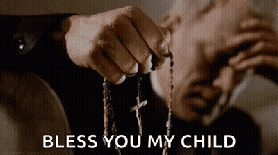 A Man Is Holding A Rosary With The Words Bless You My Child Written On The Bottom . GIF