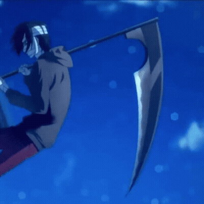 A Man Is Holding A Scythe Next To A Woman GIF