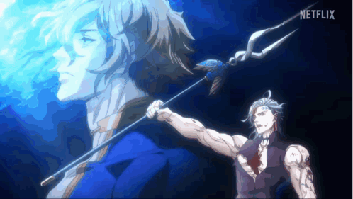 A Man Is Holding A Spear And Another Man Is Holding A Spear In A Dark Room . GIF
