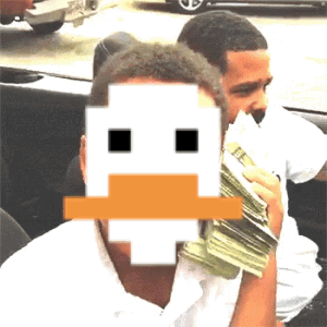A Man Is Holding A Stack Of Money With A Pixelated Duck Face Behind Him GIF