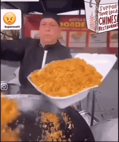 A Man Is Holding A Styrofoam Container Full Of Food In Front Of A Sign That Says Support Your Local Chinese Restaurant GIF
