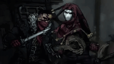 A Man Is Holding A Sword And A Woman Is Holding A Guitar In A Dark Room . GIF