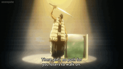 A Man Is Holding A Sword And Saying There Ain T No Path For You Losers To Walk On GIF