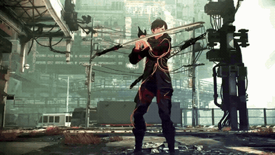 A Man Is Holding A Sword In A Video Game With A Sign That Says ' Samurai ' On It GIF