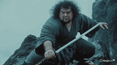 A Man Is Holding A Sword In Front Of A Kingal 2.1 Logo GIF