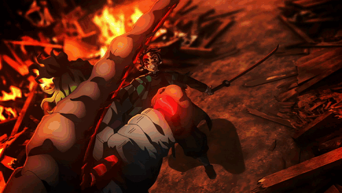 A Man Is Holding A Sword In Front Of A Large Monster GIF