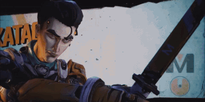 A Man Is Holding A Sword In Front Of A Poster That Says Katana GIF