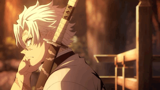 A Man Is Holding A Sword In His Hand And Looking Down . GIF
