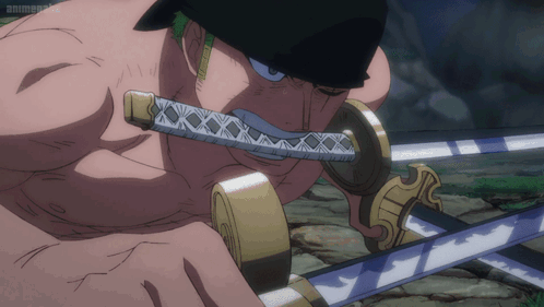 A Man Is Holding A Sword In His Mouth With The Word Anime On The Bottom GIF