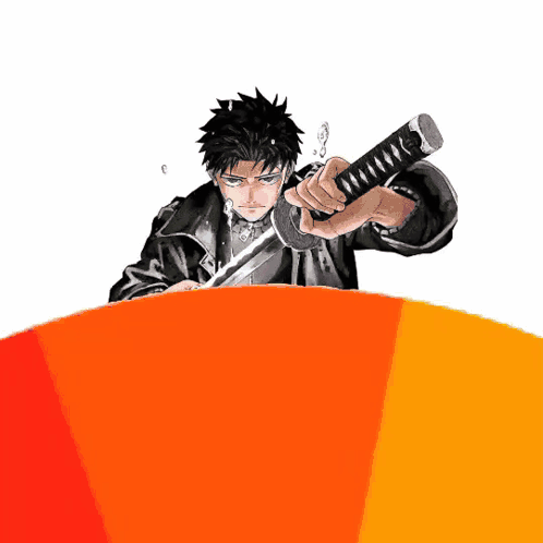 A Man Is Holding A Sword In His Right Hand GIF