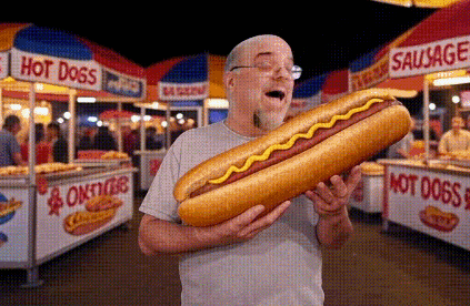 A Man Is Holding A Very Long Hot Dog With Mustard On It . GIF