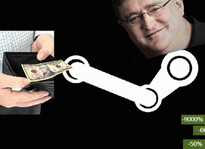 A Man Is Holding A Wallet Full Of Money With A Steam Logo Behind Him GIF
