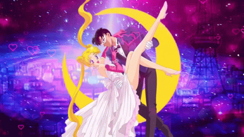 A Man Is Holding A Woman In His Arms In Front Of A Moon . GIF