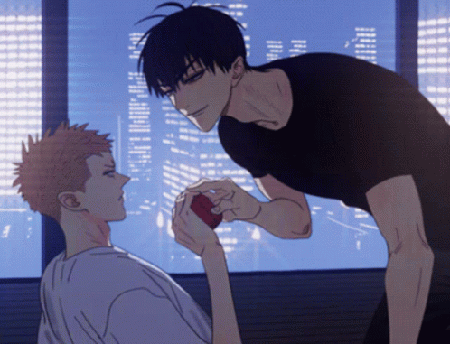 A Man Is Holding Another Man 'S Hand In Front Of A City Skyline GIF