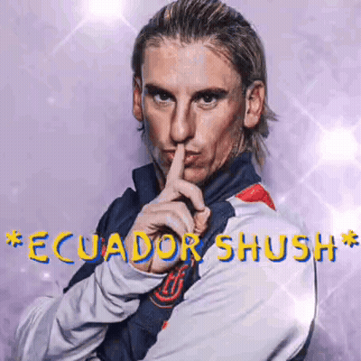 A Man Is Holding His Finger To His Mouth And The Words Ecuador Shush Are Behind Him GIF