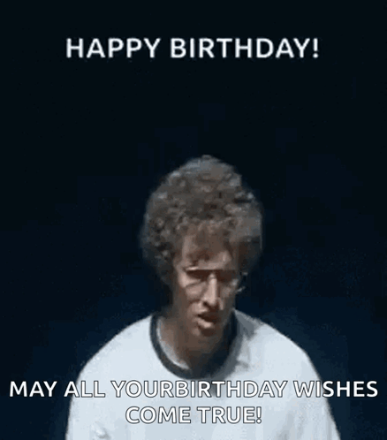 A Man Is Holding His Hands Up In The Air And Saying `` Happy Birthday ! May All Your Birthday Wishes Come True ! `` GIF